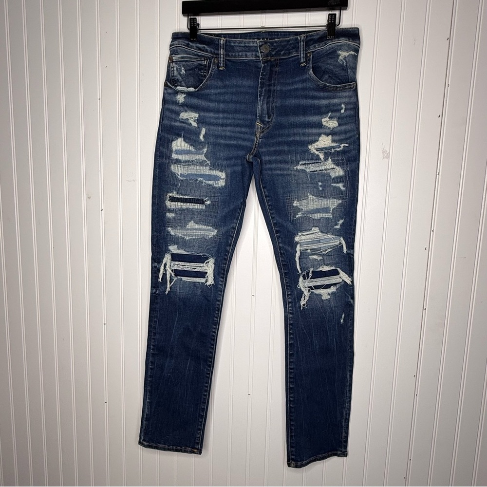 American Eagle AirFlex 360 Distressed Patched Skinny Jeans Size 34X32